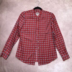 NWT Anne Klein Button Up Blouse Red Blue White Print Gold Buttons XS